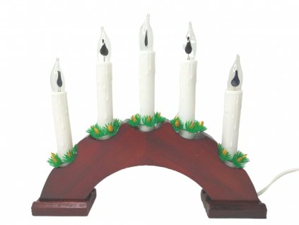 Vánoční dřevěný svícen ve tvaru oblouku, vínová barva, imitace plamene, 5 svíček
