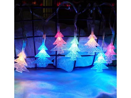 Vánoční řetěz s LED diodami ve tvaru stromečků - různobarevná, zelený kabel, 6m, 50 LED