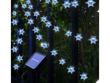 Solární vánoční řetěz se sněhovými vločkami, studená bílá, 5m, 30 LED