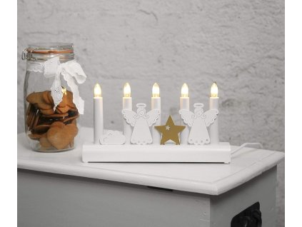 Vánoční dřevěný svícen, zdobený figurkami andělíčků, 5 svíček