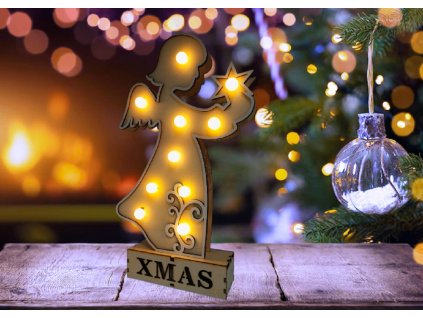 Vánoční dekorační LED dřevěná ozdoba, Anděl, SMAX, 32cm