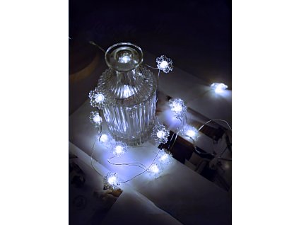 Vnitřní LED vánoční mini řetěz - sněhové vločky, studená bílá, 2m, na baterie