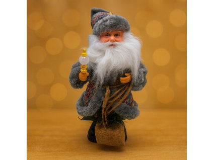 Vánoční dekorace – zpívající vousatý Santa Claus v šedém oblečení