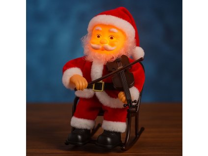 Santa Claus s houslemi na houpacím křesle – svítí, hýbe se a hraje hudbu (23 cm)