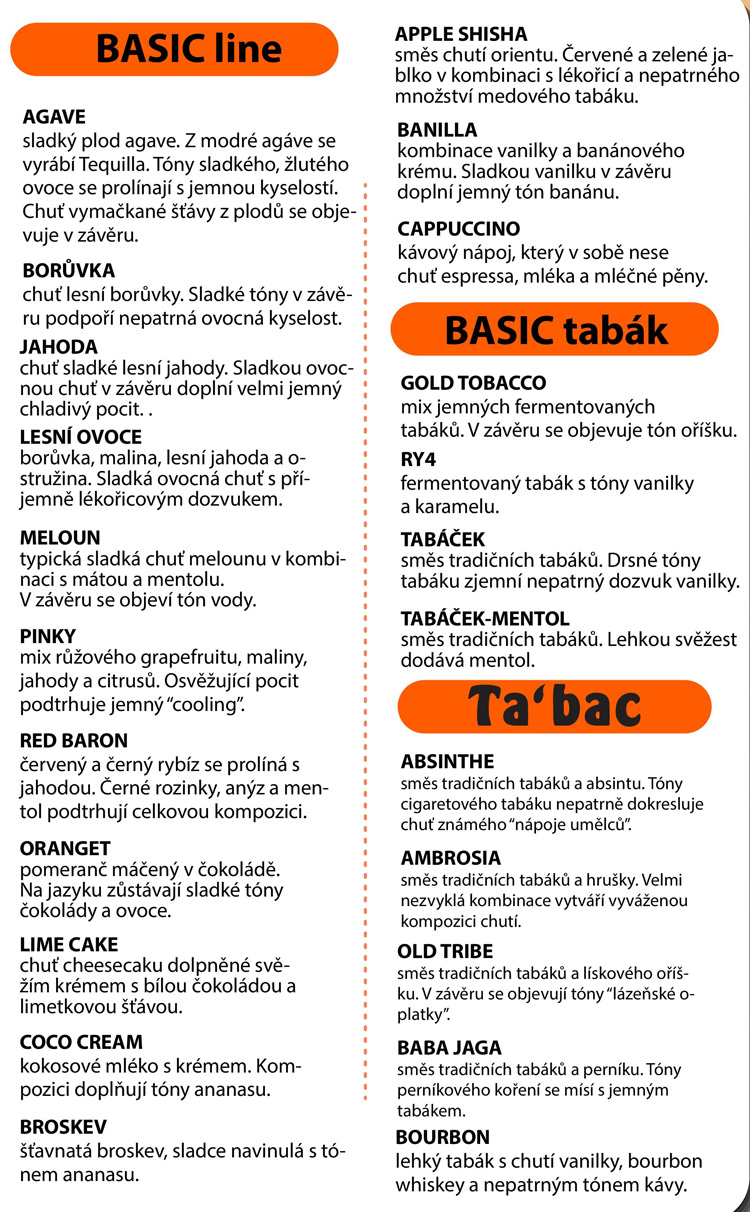 leták - emporio podrobný výpis druhov a popis jednotlivých chutí