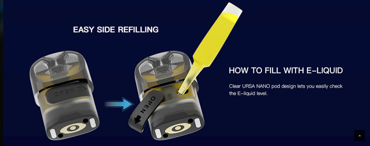 plnenie cartridge Lost Vape Ursa Nano pod e-liquidom