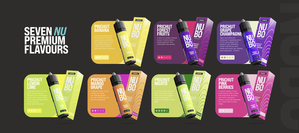 Kompletní kolekce sedmi NUBO Premium Shake and Vape příchutí pro elektronické cigarety