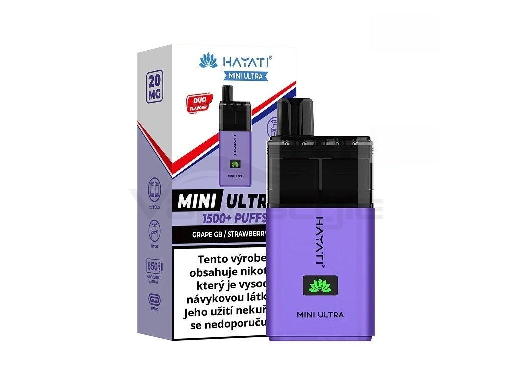Hayati Mini Ultra 1500 - Grape Gb Strawberry Gb - 20mg, produktový obrázek.