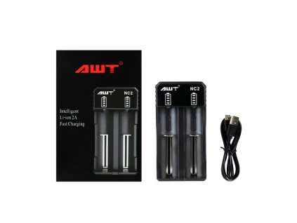 Obsah balení AWT NC2 nabíječky s inteligentním Li ion nabíjením a USB kabelem pro připojení