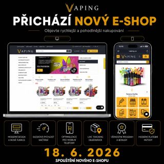 🚀 NOVÝ E-SHOP VAPING.CZ! 🚀 Po měsících práce pro vás chystáme zcela nový e-shop, který posune nakupování na další úroveň....