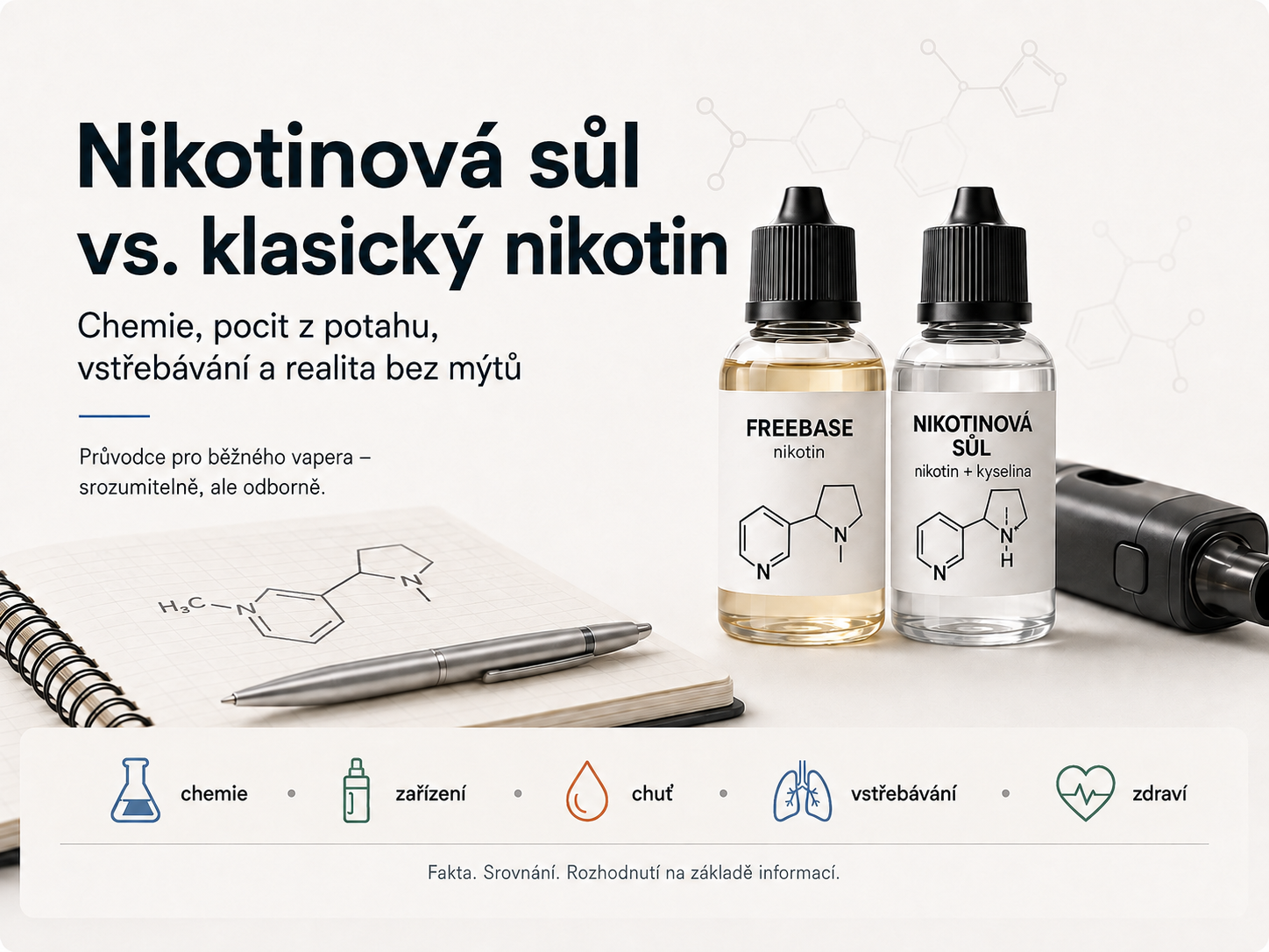 Nikotinová sůl versus klasický freebase nikotin – chemie, chuť, vstřebávání a zdraví