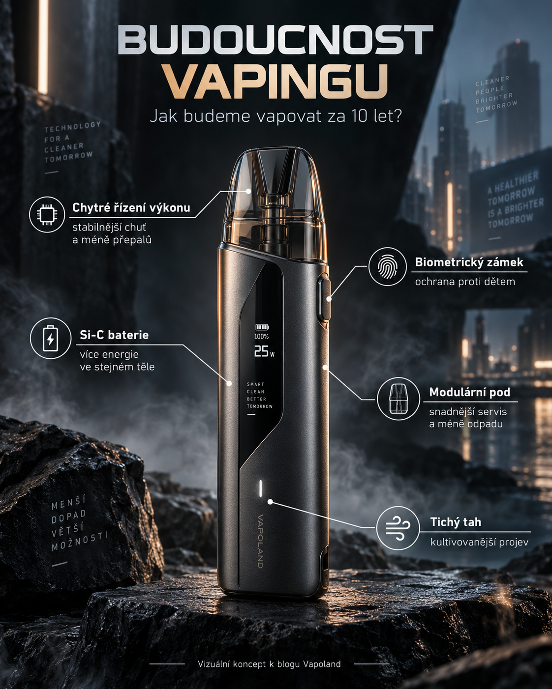AI koncept elektronické cigarety budoucnosti s chytrým řízením, Si-C baterií a biometrickým zámkem