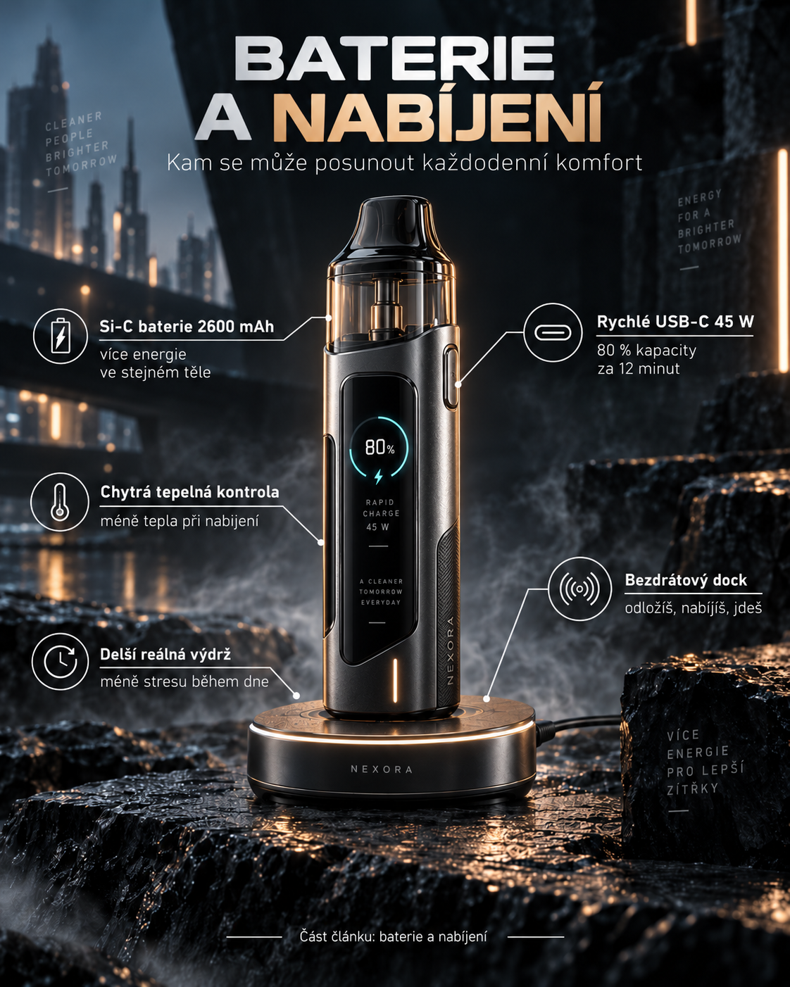 Elektronická cigareta budoucnosti s rychlým USB-C nabíjením a bezdrátovým dokem