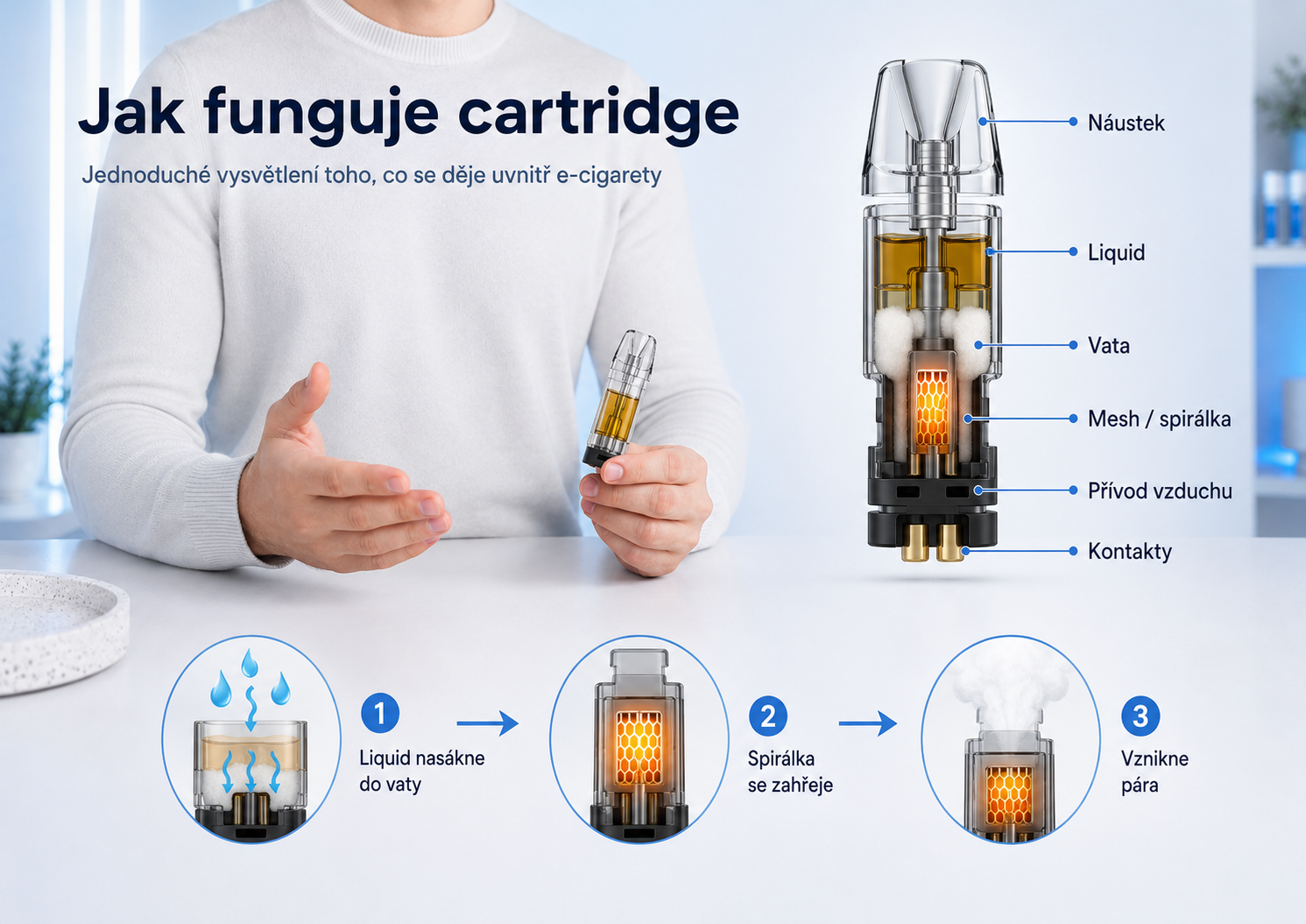 Jak funguje cartridge elektronické cigarety – náustek, liquid, vata, mesh spirálka, přívod vzduchu a kontakty