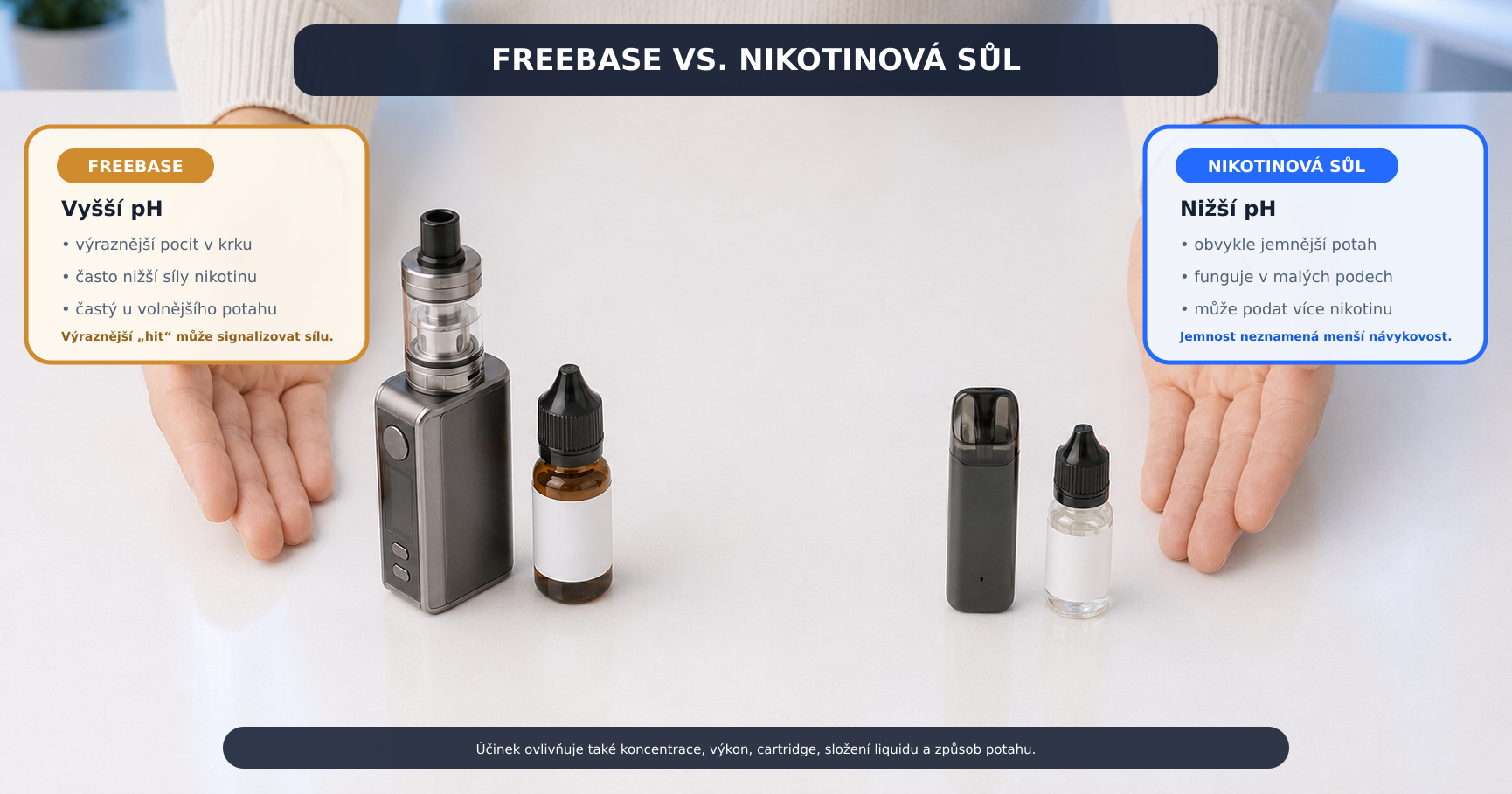 Prodavač porovnává klasický liquid s freebase nikotinem a plnitelný pod s nikotinovou solí
