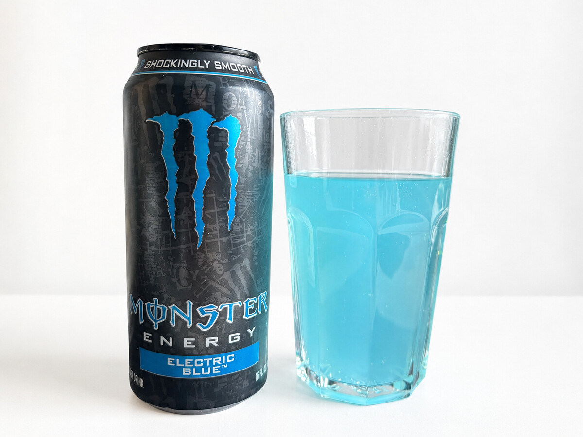 Monster Electric Blue a sklenice se světle modrým nápojem