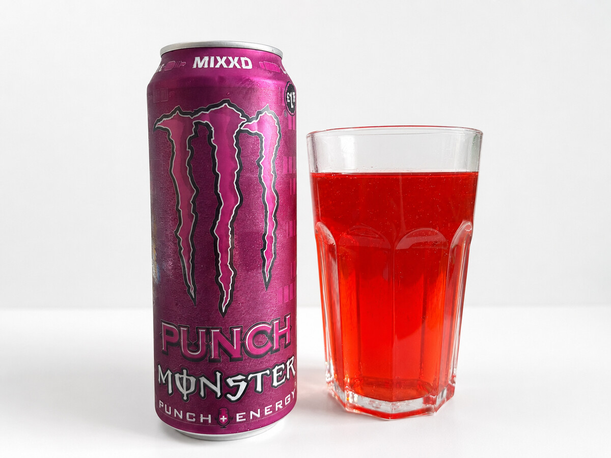 Monster MIXXD a sklenice s červeným ovocným nápojem