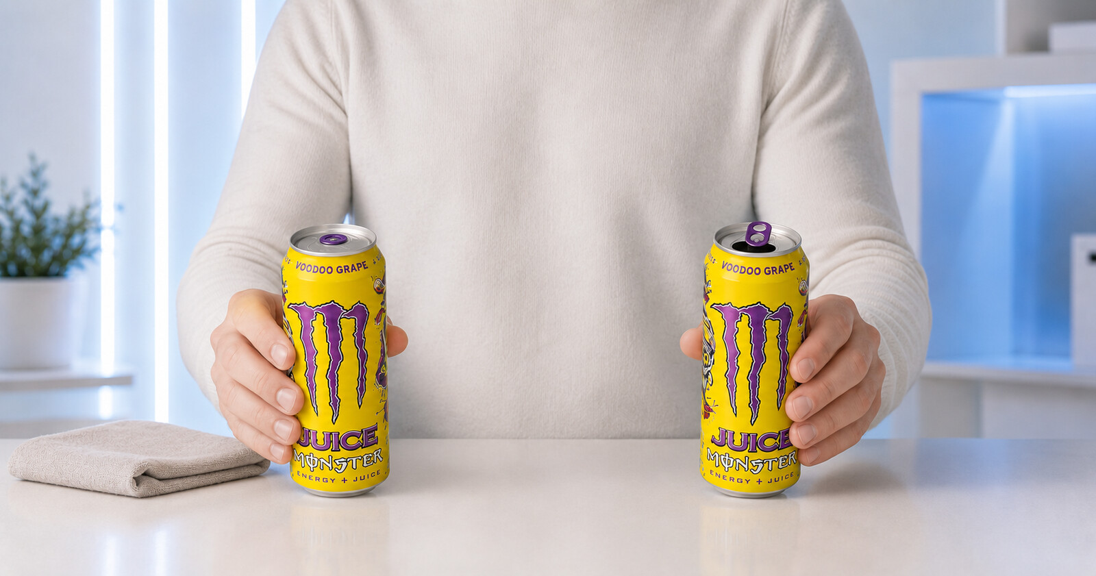 Porovnání plné uzavřené a otevřené prázdné plechovky Monster