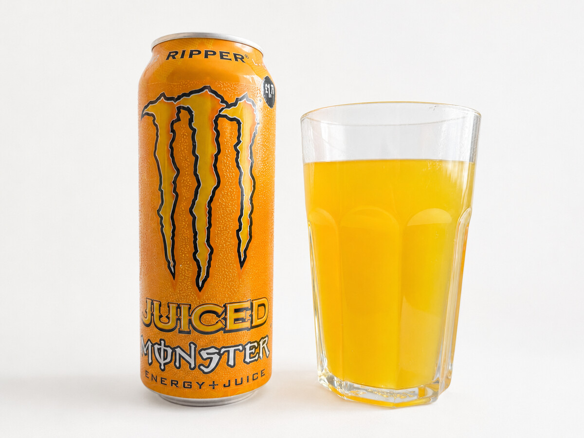 Monster Ripper a sklenice se žlutooranžovým nápojem
