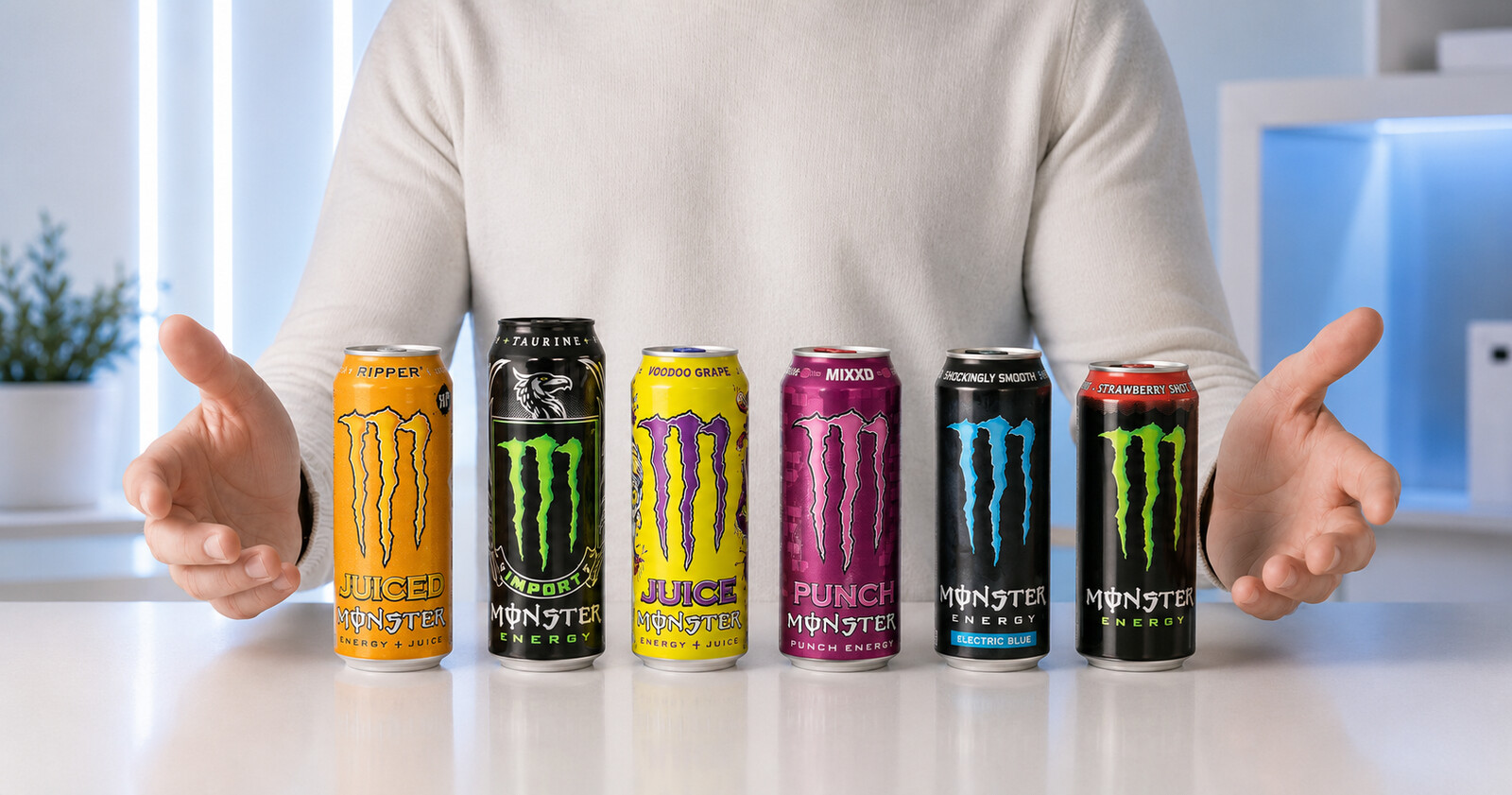 Šest dovozových plechovek Monster představených prodavačem