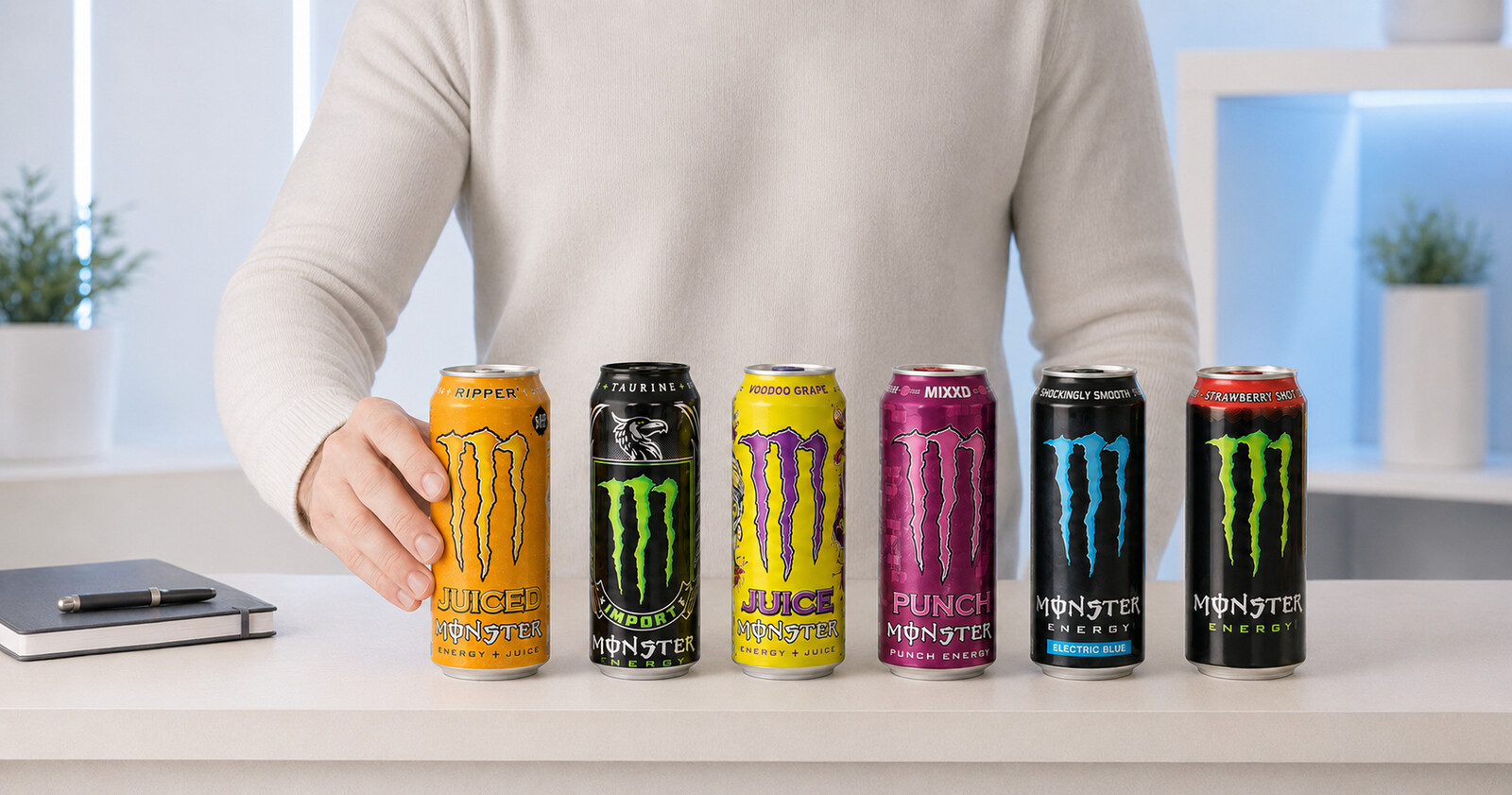 Bezpečné vystavení šesti plechovek Monster na světlé polici