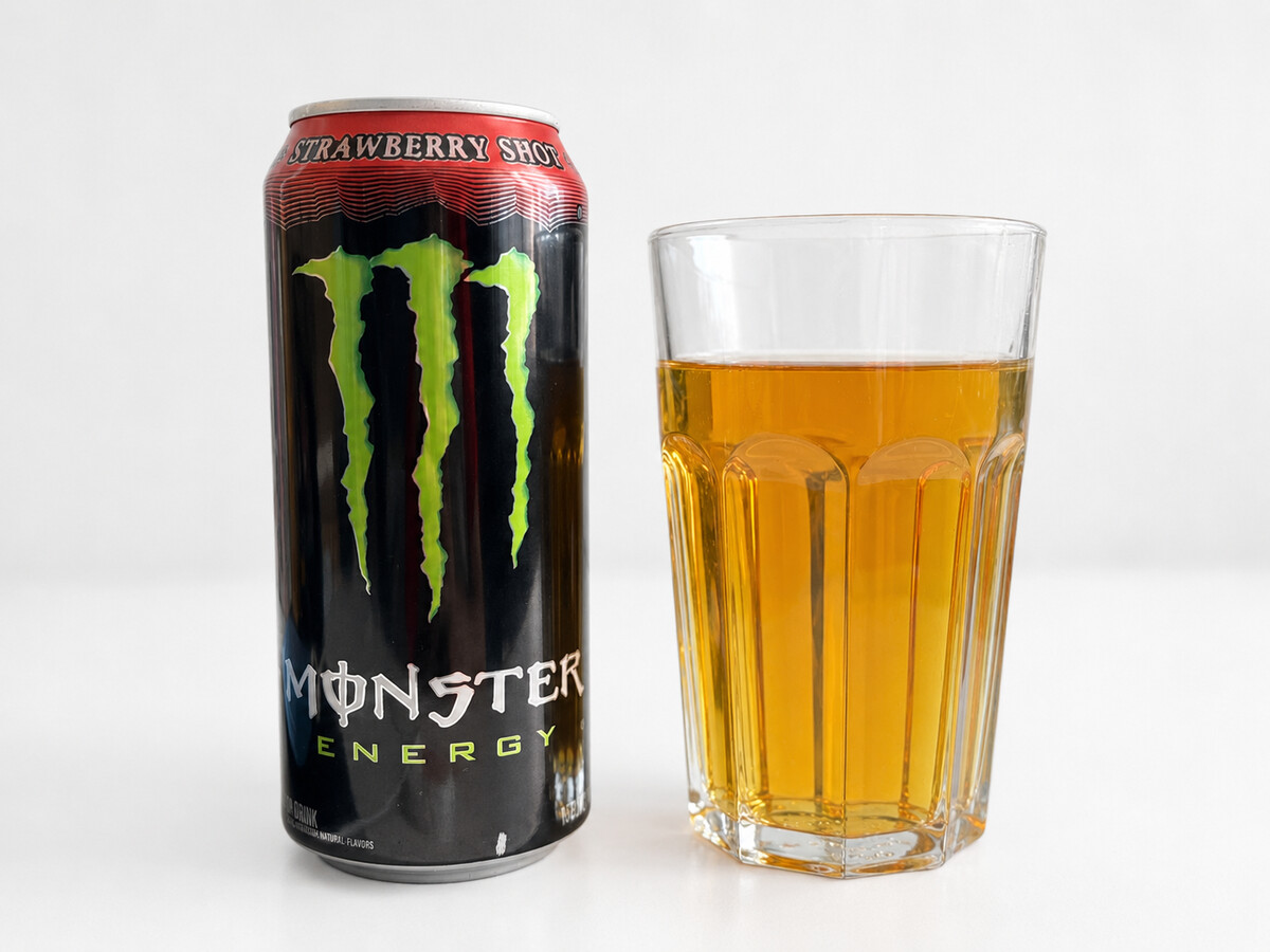 Monster Strawberry Shot a sklenice se zlatavým nápojem