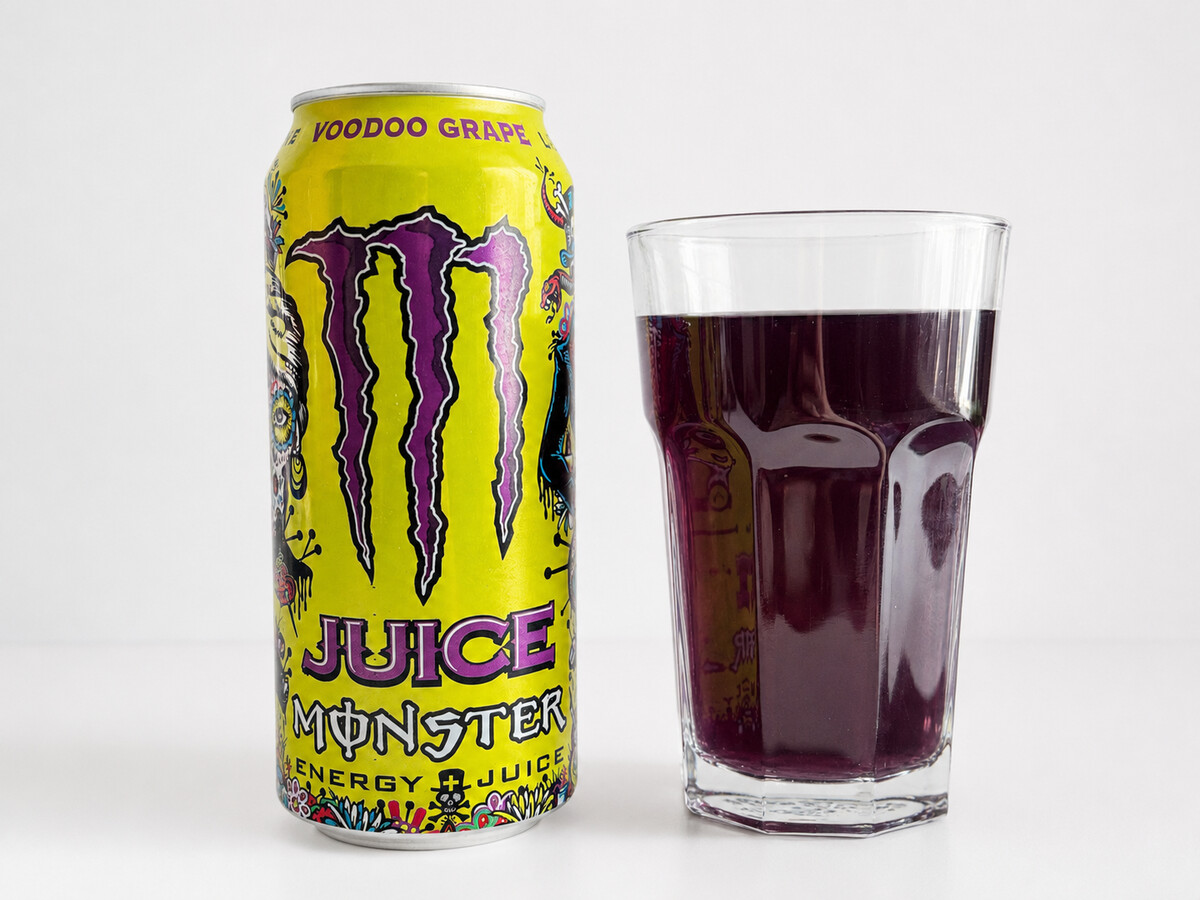Monster Voodoo Grape a sklenice s tmavě fialovým nápojem