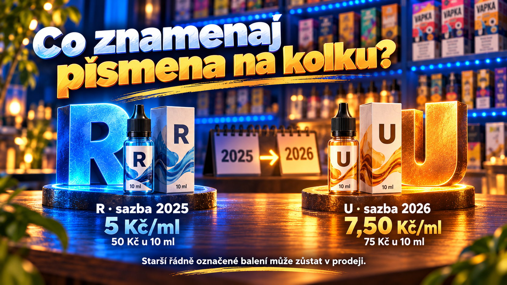 Ilustrativní srovnání písmen na tabákových nálepkách: R odpovídá sazbě 2025 a U sazbě 2026.