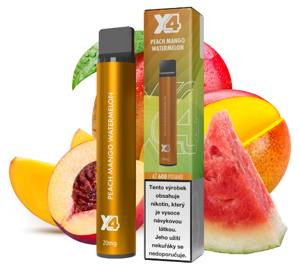 X4 Bar jednorázová e-cigareta Peach Mango Watermelon (Broskev, Mango, Meloun) Obsah nikotinu: 0 mg