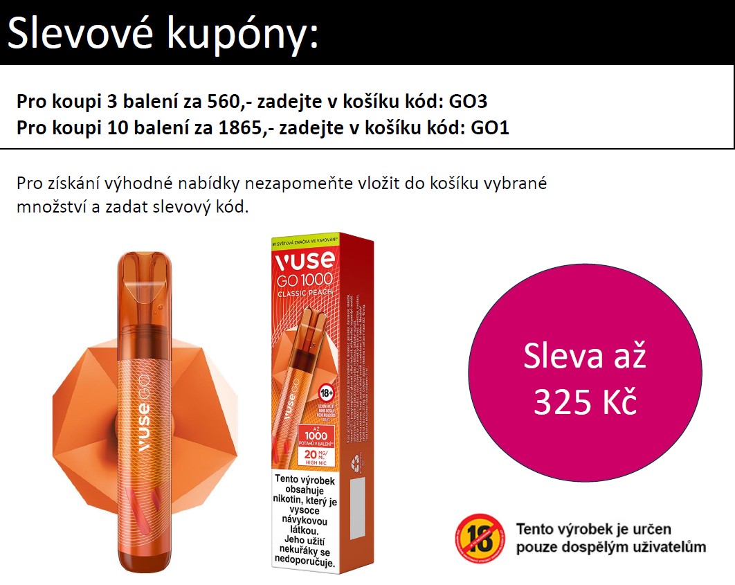Vuse GO 1000 Pen jednorázová e-cigareta Classic Peach 20mg
