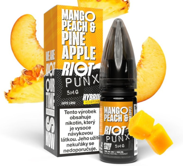 Riot Hybrid Salt Mango Peach Pineapple (Mango, broskev a ananas) 10ml Obsah nikotinu: 5 mg