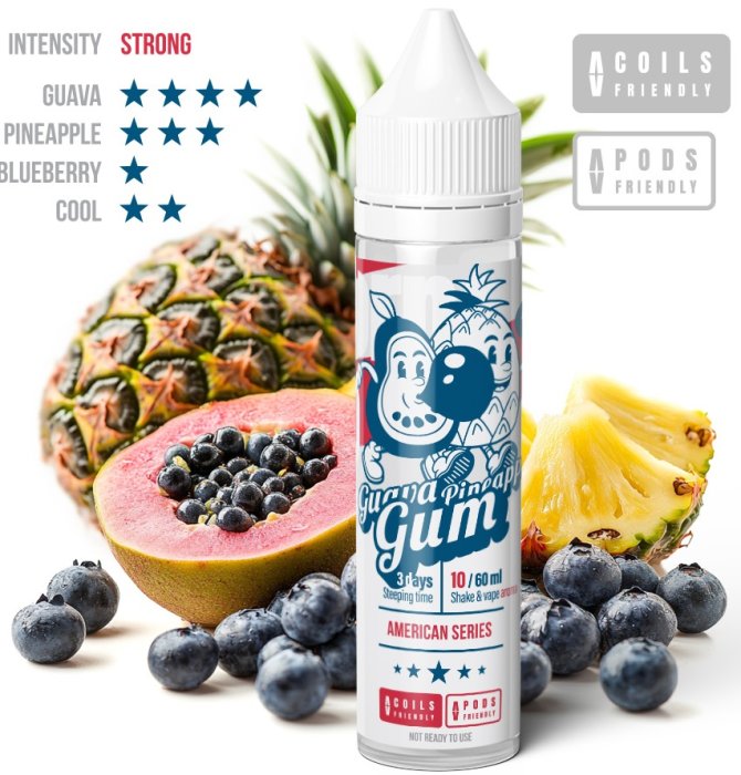 Příchuť Adams Vape American Series S&V: Guava Pineapple Gum (Ananas, guava, žvýkačka) 10ml