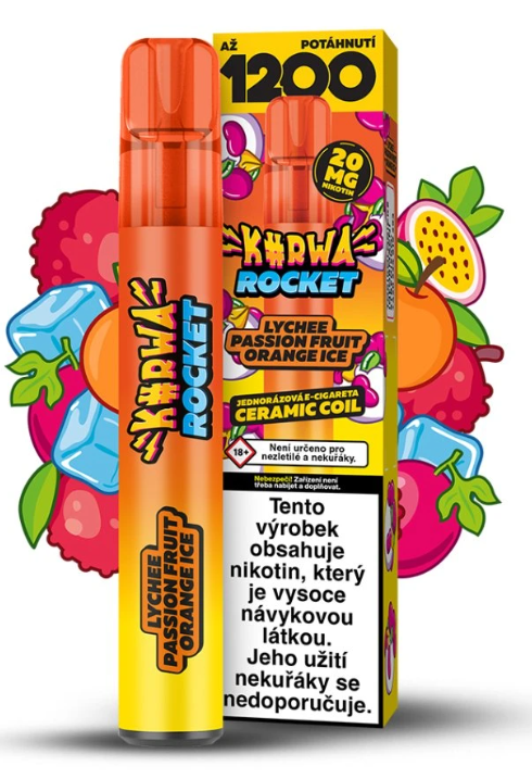 KURWA ROCKET jednorázová ecigareta – Lychee Passion Fruit Orange Ice (Chladivé liči, marakuja, pomeranč) 20mg