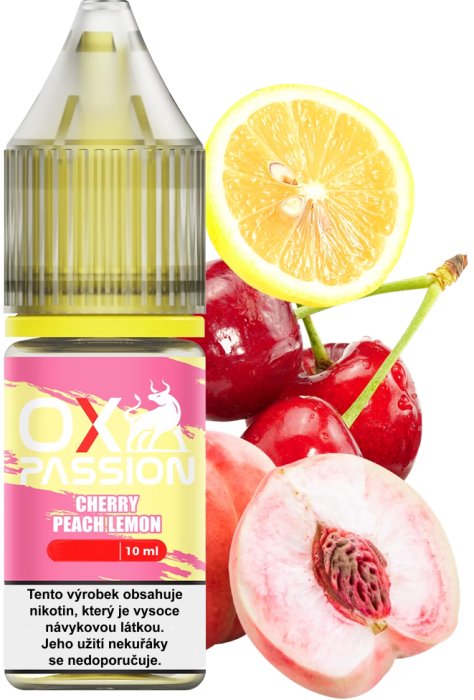 e-liquid OXVA OX PASSION Salts – Cherry Peach Lemon (Třešeň, broskev, citron) 10ml Obsah nikotinu: 10 mg Třešeň, broskev, citron