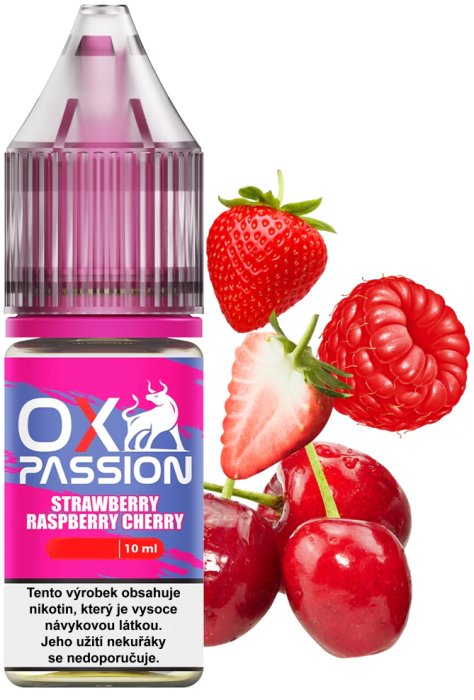 e-liquid OXVA OX PASSION Salts – Strawberry Raspberry Cherry (Jahoda, malina, třešeň) 10ml Obsah nikotinu: 10 mg Jahoda, malina, třešeň