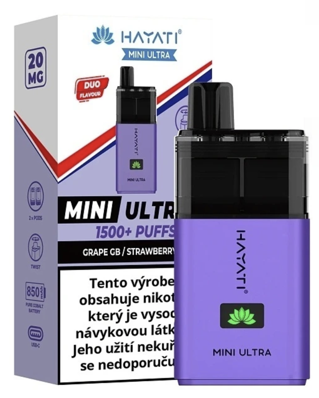 Hayati Mini Ultra 1500 - Grape Gb/Strawberry Gb 20mg