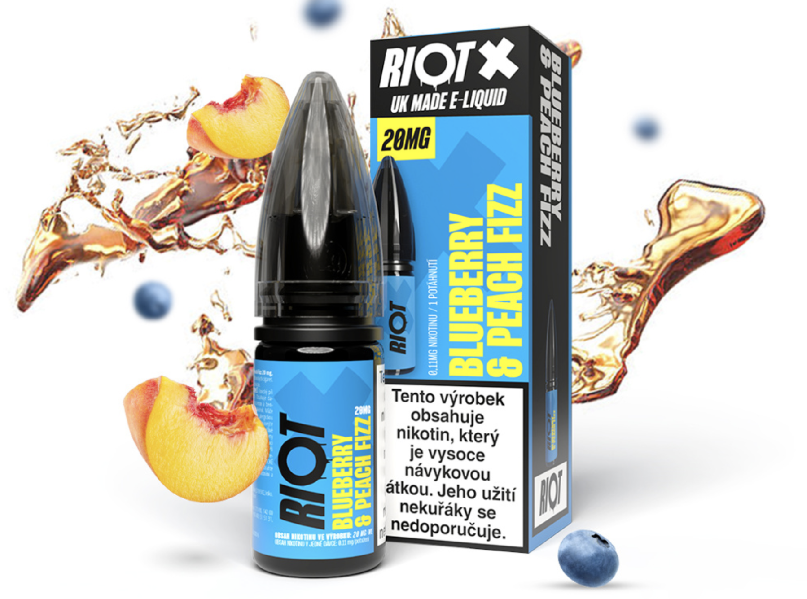 RIOT X Salt Blueberry &amp; Peach Fizz (Borůvka a broskvová limonáda) 10ml Obsah nikotinu: 20 mg