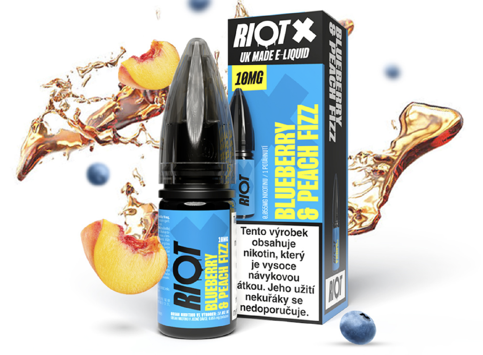 RIOT X Salt Blueberry &amp; Peach Fizz (Borůvka a broskvová limonáda) 10ml Obsah nikotinu: 10 mg