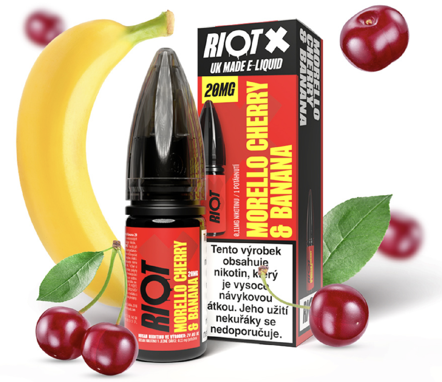 RIOT X Salt Morello Cherry &amp; Banana (Kyselá višeň a banán) 10ml Obsah nikotinu: 20 mg