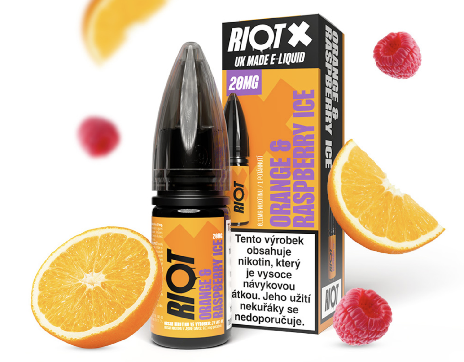 RIOT X Salt Orange &amp; Raspberry Ice (Ledový pomeranč a malina) 10ml Obsah nikotinu: 20 mg