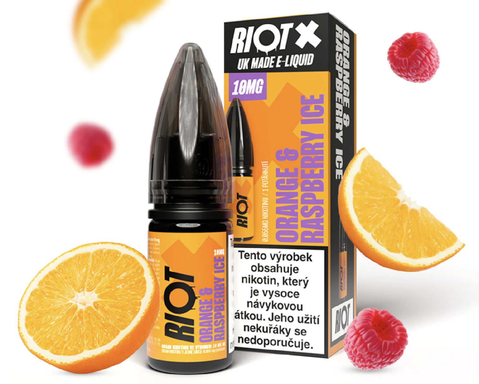 RIOT X Salt Orange &amp; Raspberry Ice (Ledový pomeranč a malina) 10ml Obsah nikotinu: 10 mg