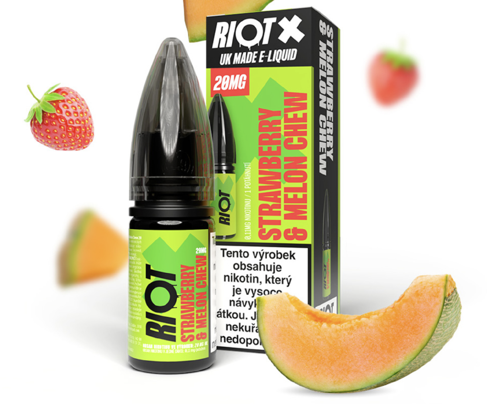 RIOT X Salt Strawberry &amp; Melon Chew (Jahodovo-melounová žvýkačka) 10ml Obsah nikotinu: 20 mg