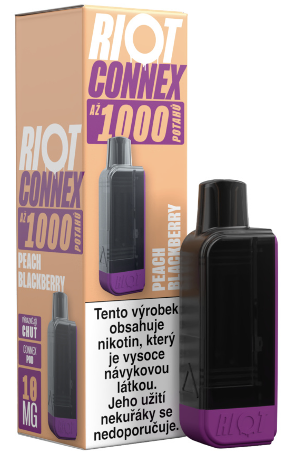 RIOT Connex 1000 předplněná kapsle (Peach Blackberry) Obsah nikotinu: 10 mg Třešeň a ledová modrá tříšť