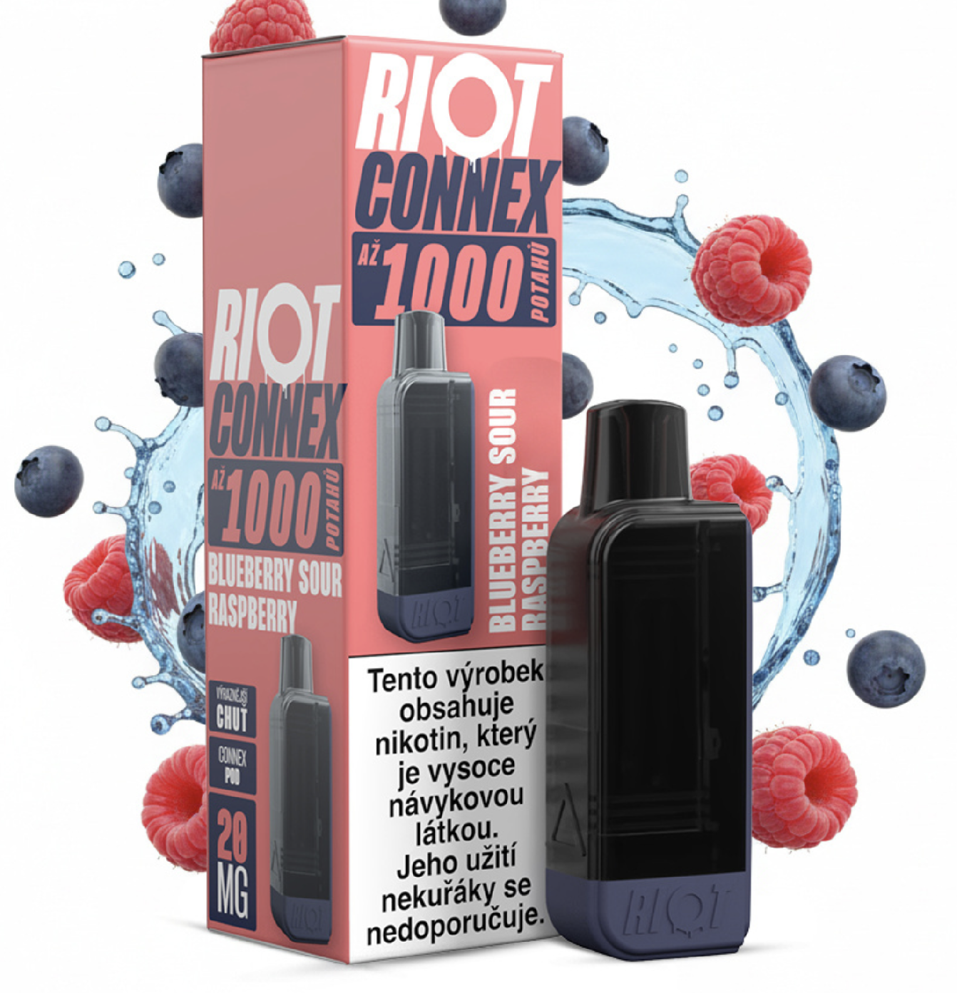 RIOT Connex 1000 předplněná kapsle (Blueberry Sour Raspberry) Obsah nikotinu: 10 mg Třešeň a ledová modrá tříšť