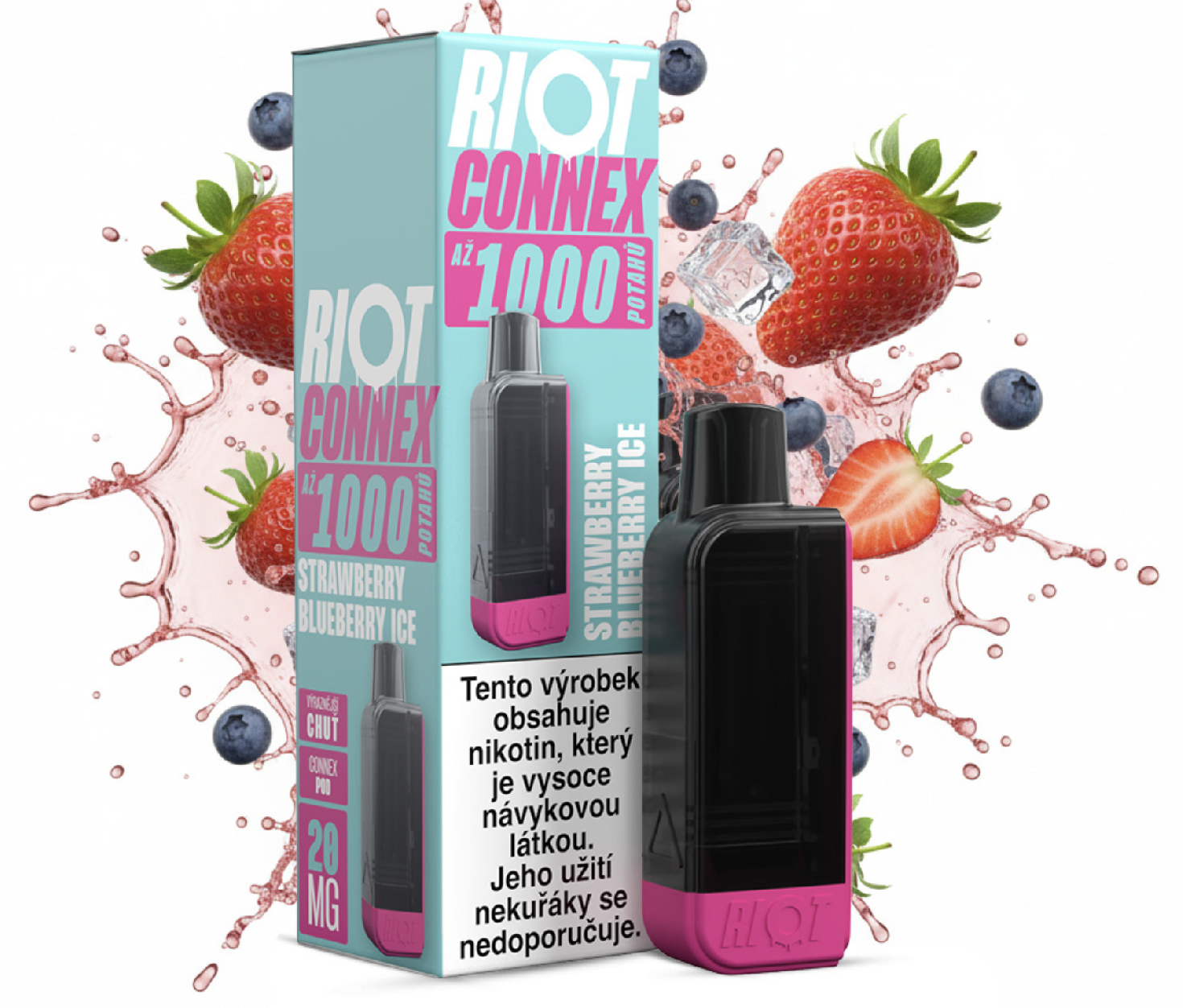 RIOT Connex 1000 předplněná kapsle (Strawberry Blueberry Ice) Obsah nikotinu: 10 mg Třešeň a ledová modrá tříšť