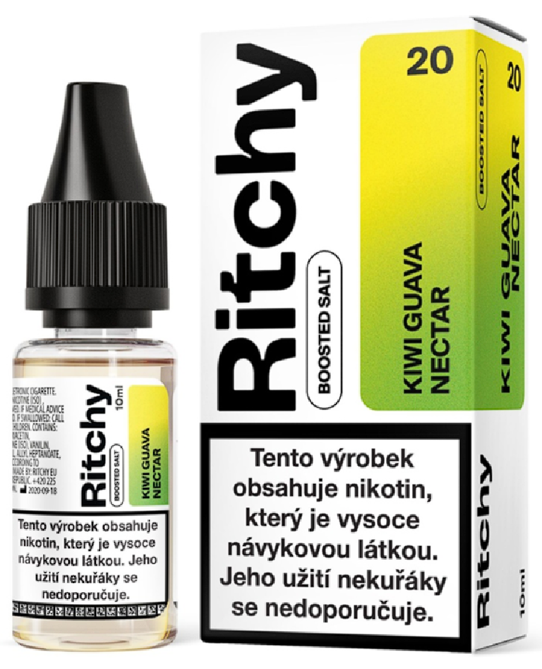 Ritchy Salt - Kiwi Guava Nectar (Exotický nektar z kiwi a guavy) 10ml Obsah nikotinu: 10 mg Exotický nektar z kiwi a guavy