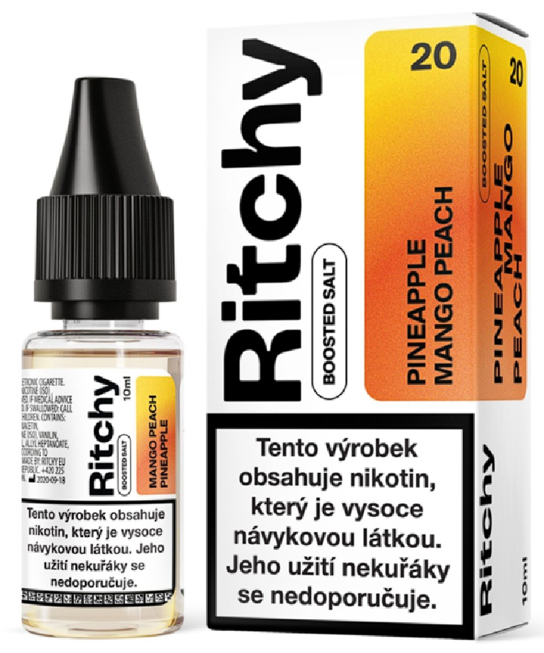 Ritchy Salt - Pineapple Mango Peach (Ananas, mango a broskev) 10ml Obsah nikotinu: 10 mg Ananas, mango a broskev