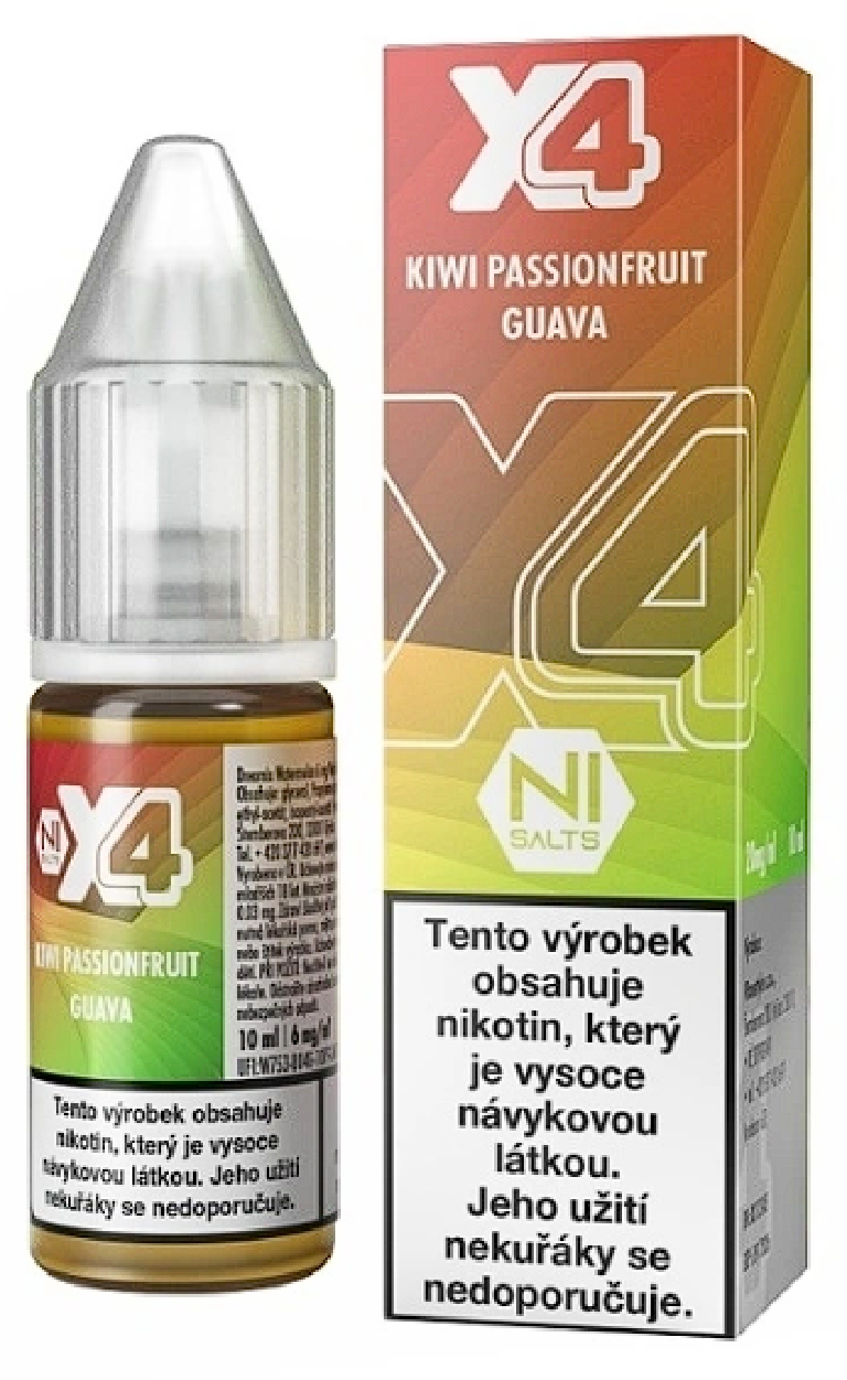 X4 Bar Juice Salt Kiwi Passionfruit Guava (Kiwi, marakuja a guava) 10ml Obsah nikotinu: 10 mg