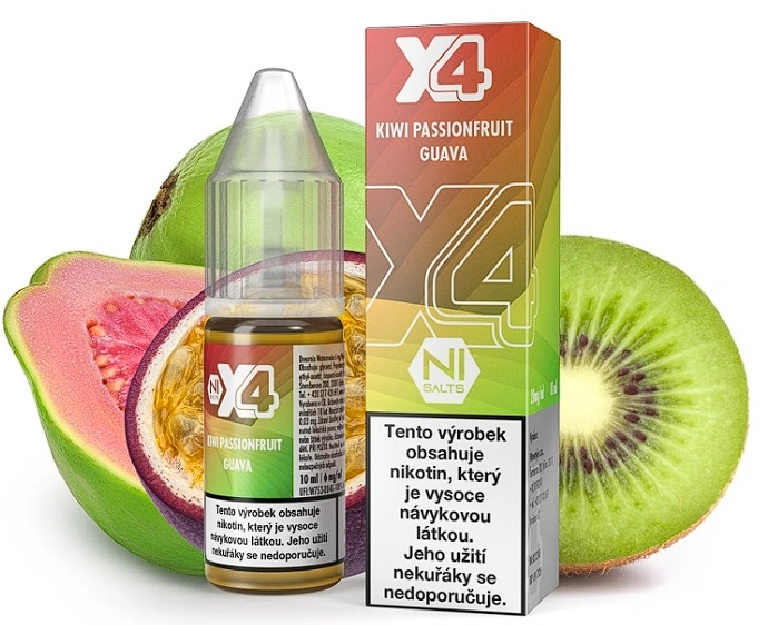 X4 Bar Juice Salt Kiwi Passionfruit Guava (Kiwi, marakuja a guava) 10ml Obsah nikotinu: 10 mg