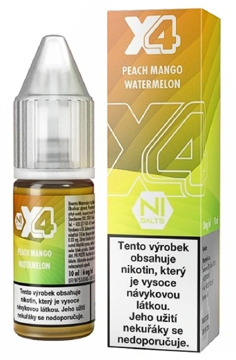 X4 Bar Juice Salt Peach Mango Watermelon (Broskev, mango a meloun) 10ml Obsah nikotinu: 20 mg